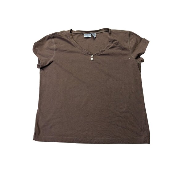 Chicos Brown Short-Sleeve  V-Neck Button Accent Women's T-Shirt Size XL - Picture 1 of 7